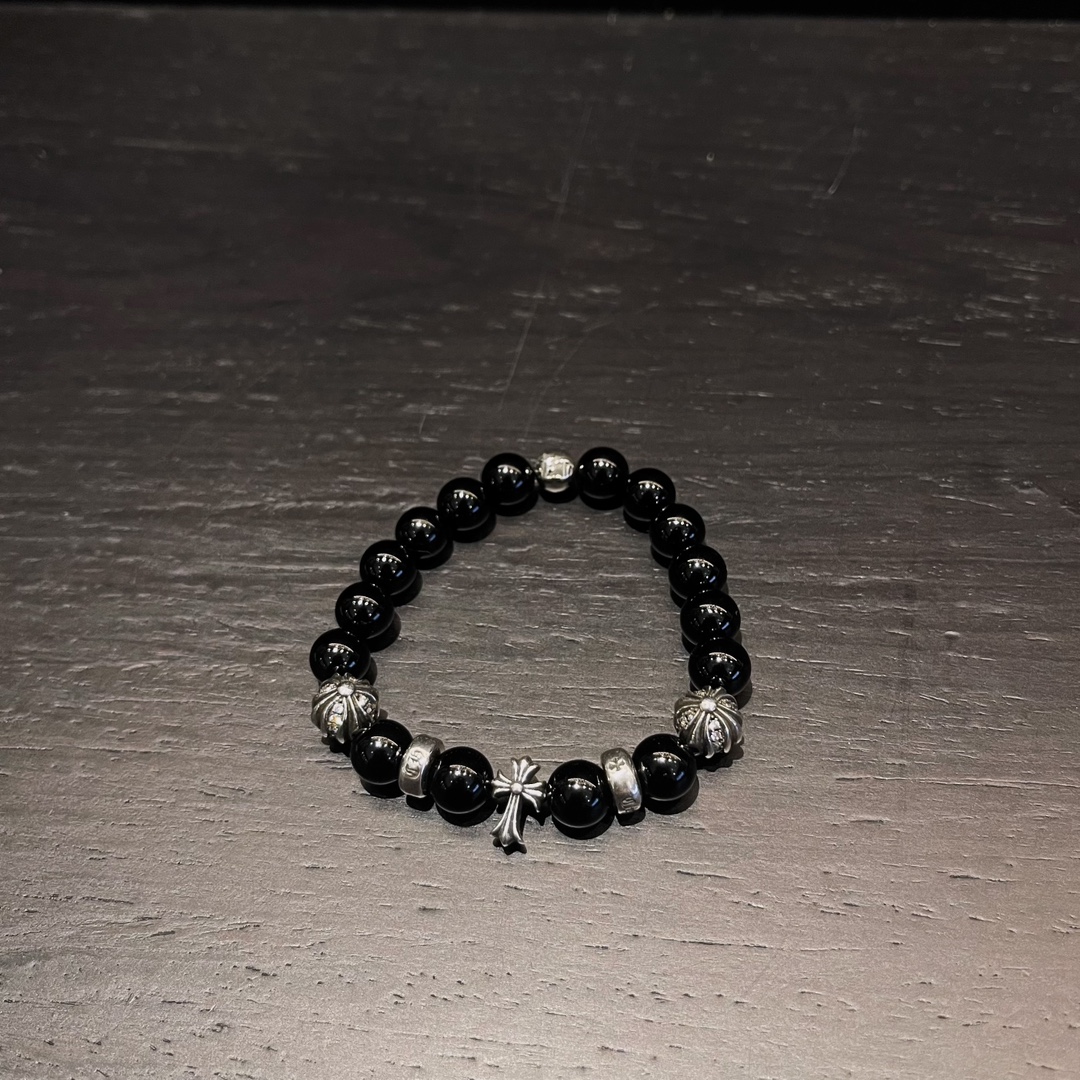 Chrome Hearts 925 실버 블랙 오닉스 비드 팔찌｜8mm